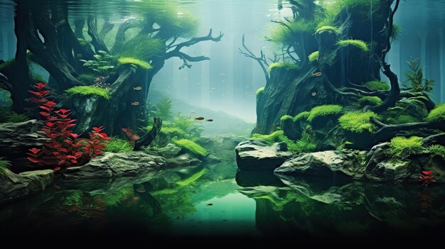 Bellissimo paesaggio acquatico verde con piante e pesci d'acquario vivi