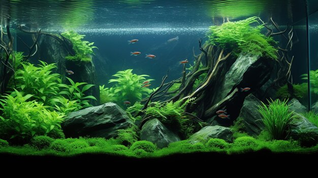 Bellissimo paesaggio acquatico verde con piante e pesci d'acquario vivi