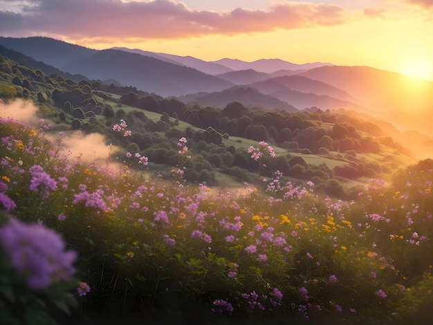 Bellissimo paesaggio al tramonto con campi di fiori sopra la montagna al tramonto Generato da AI