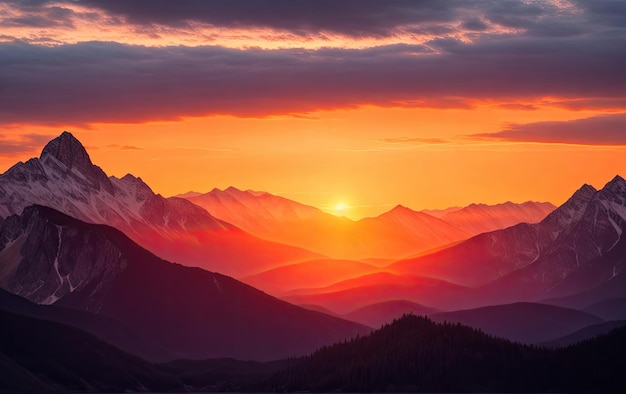 Bellissimo paesaggio al tramonto tra le montagne