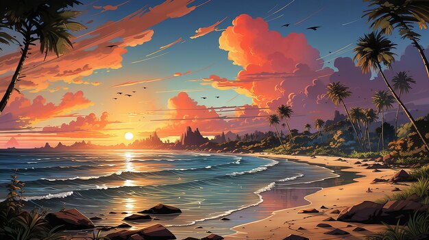 Bellissimo paesaggio artistico dell'illustrazione colorata a colori della calda costa del mare generata dall'intelligenza artificiale
