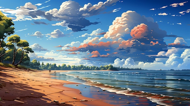 Bellissimo paesaggio artistico dell'illustrazione colorata a colori della calda costa del mare generata dall'intelligenza artificiale