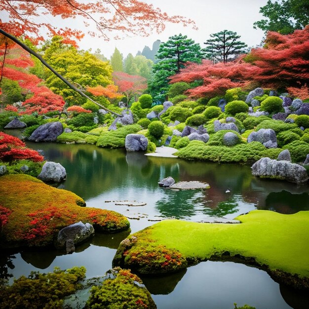 Bellissimo paesaggio autunnale ad acquerello con lussureggianti alberi autunnali colorati sulla riva