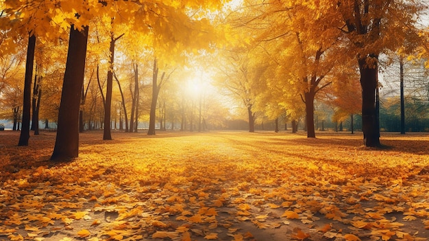 bellissimo paesaggio autunnale con alberi gialli e luce solare