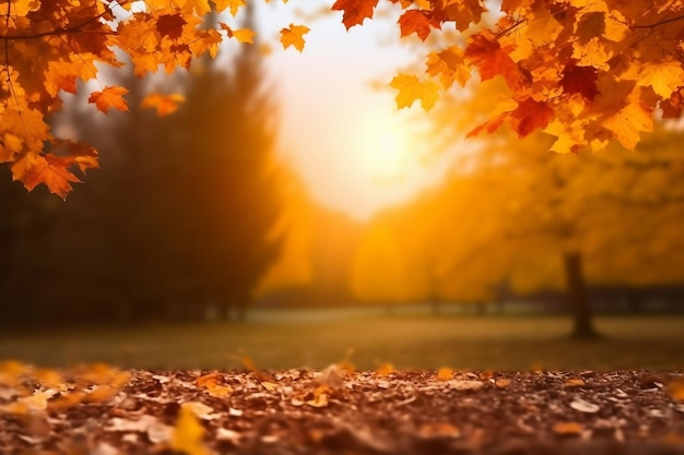 Bellissimo paesaggio autunnale con alberi gialli e sole fogliame colorato nel parco foglie cadenti sullo sfondo naturale