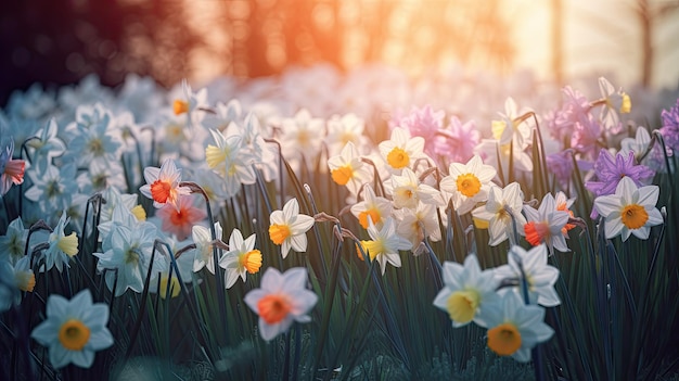 Bellissimo paesaggio colorato pieno di fiori per l'arrivo della primavera IA generativa