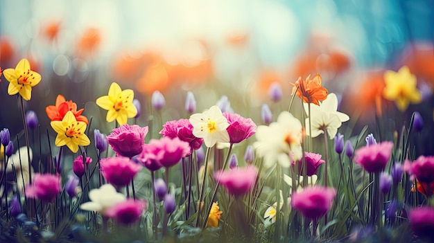 Bellissimo paesaggio colorato pieno di fiori per l'arrivo della primavera IA generativa