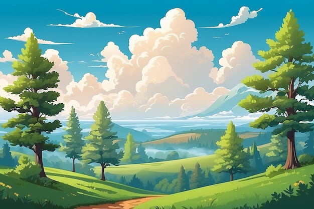 Bellissimo paesaggio con alberi e nuvole Illustrazione vettoriale