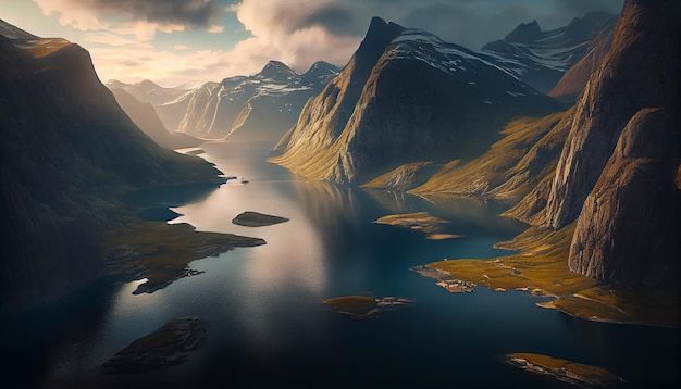 Bellissimo paesaggio con alte montagne e acqua della laguna con alba dorata del sole