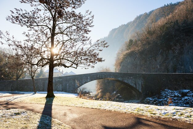 Bellissimo paesaggio con antico ponte in una piccola città nelle Alpi francesi