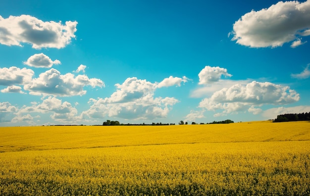 Bellissimo paesaggio con campo di fiori gialli di colza o colza e cielo nuvoloso blu Brassica napus Primavera