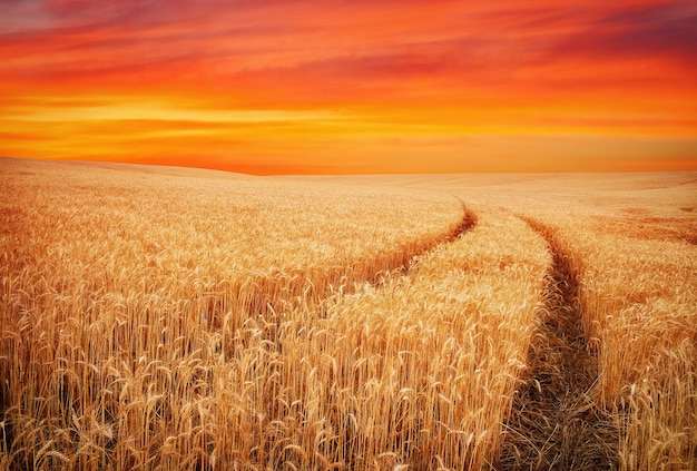 Bellissimo paesaggio con campo di grano e cielo al tramonto. Prato di grano.