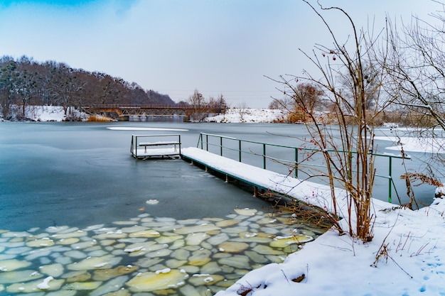 Bellissimo paesaggio con fiume ghiacciato e ponti su di esso in inverno Immagine della natura con neve e il fiume coperto di ghiaccio vicino alla foresta