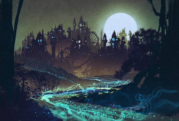 bellissimo paesaggio con fiume misterioso, luna piena sui castelli, pittura illustrativa