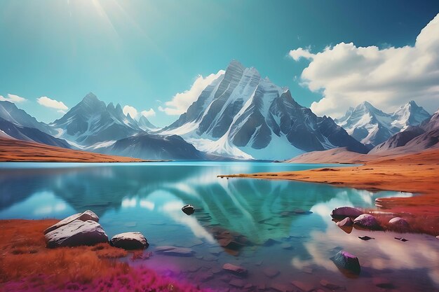 Bellissimo paesaggio con lago e montagne 3d render illustration