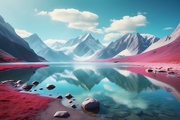 Bellissimo paesaggio con lago e montagne 3d render illustration