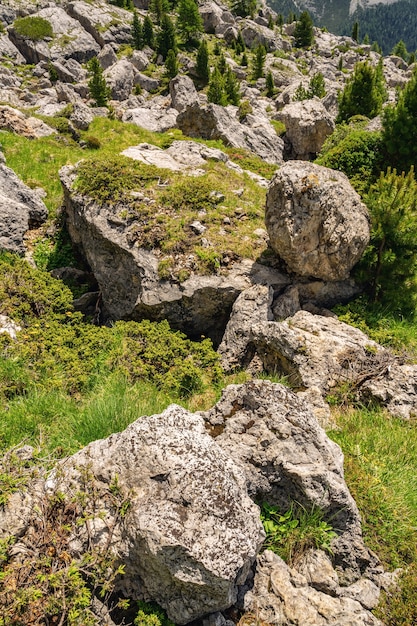 Bellissimo paesaggio con montagne rocciose e colline verdi