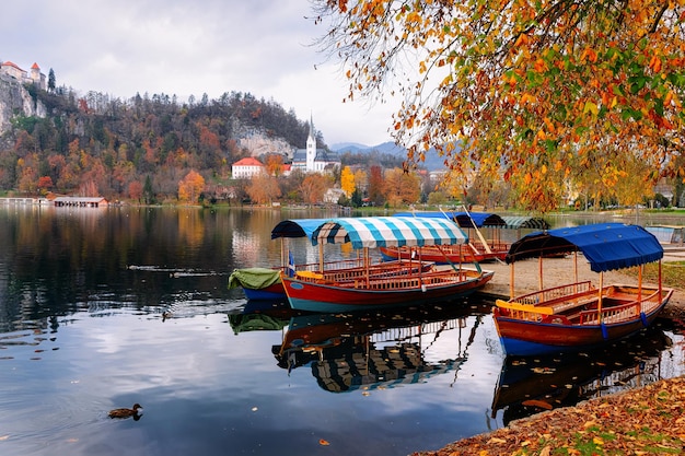 Bellissimo paesaggio del lago di Bled e delle barche di Pletna in Slovenia. Viaggia in Europa