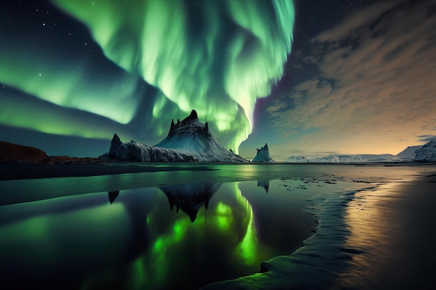 Bellissimo paesaggio dell'aurora boreale Aurora boreale sopra le montagne riflesse nel mare