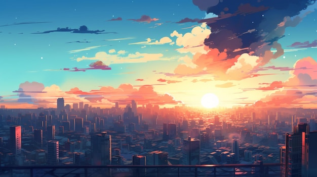 Bellissimo paesaggio della città sullo sfondo del tramonto estivo dei cartoni animati con nuvole in stile anime