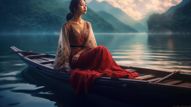Bellissimo paesaggio di donna in barca nel lago