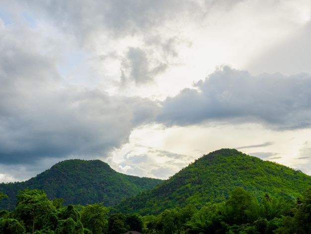 Bellissimo paesaggio di foresta verde con vista sulle montagne e foresta pluviale tropicale con nuvole dopo la pioggia mattutina Natura verde terra ed ecologia
