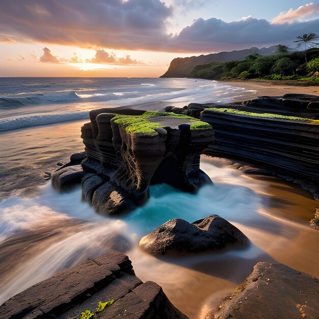 bellissimo paesaggio di formazioni rocciose vicino al mare a Queens Bath Kauai Hawaii al tramonto