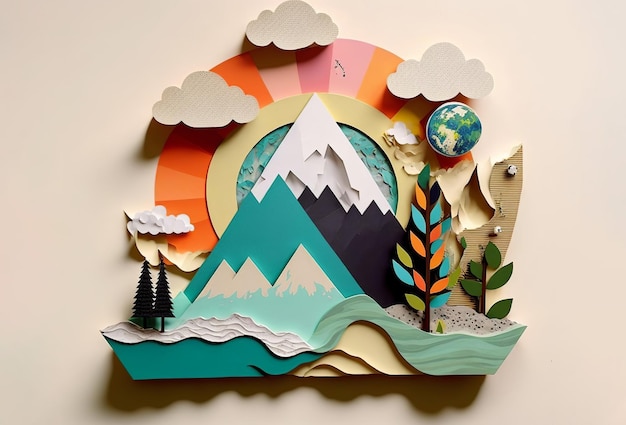 Bellissimo paesaggio di montagna design alla moda collage di carta patinata Generativo ai