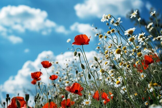 Bellissimo paesaggio di montagna estivo con fiori di papavero rosso e camomilla bianca