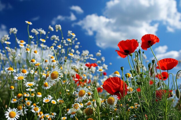 Bellissimo paesaggio di montagna estivo con fiori di papavero rosso e camomilla bianca