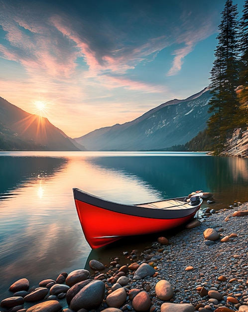 Bellissimo paesaggio di montagna su un lago con una barca