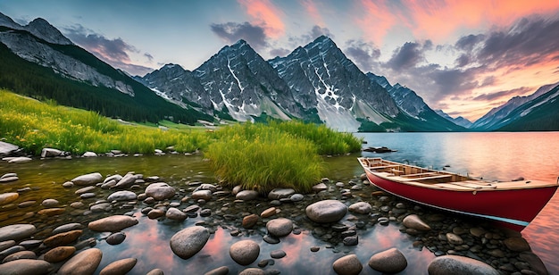 Bellissimo paesaggio di montagna su un lago con una barca