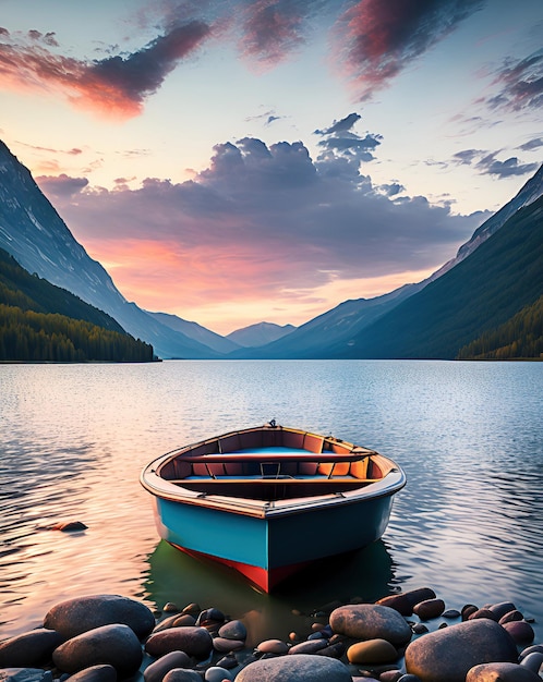 Bellissimo paesaggio di montagna su un lago con una barca