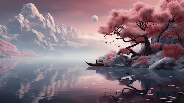 bellissimo paesaggio di nebbia fantasy con surrealismo del lago