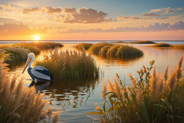 Bellissimo paesaggio di phragmites piante sul mare con un pellicano che nuota al tramonto