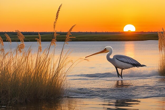 Bellissimo paesaggio di phragmites piante sul mare con un pellicano che nuota al tramonto