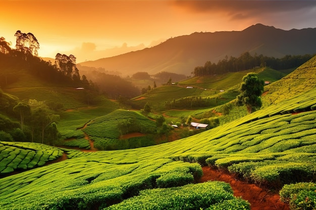 Bellissimo paesaggio di piantagioni di tè al tramonto