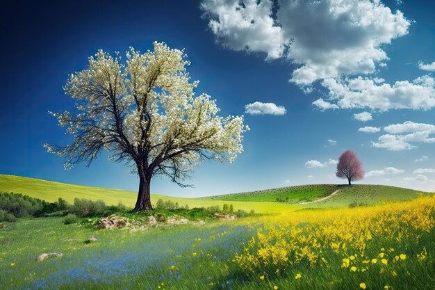 Bellissimo paesaggio di prati fioriti nel cielo blu il giorno di primavera