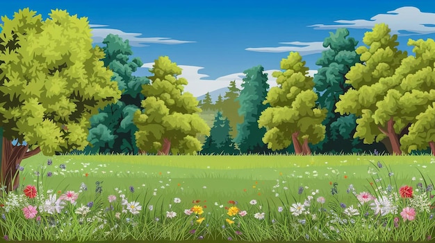 Bellissimo paesaggio di prato con illustrazione vettoriale sullo sfondo del cielo