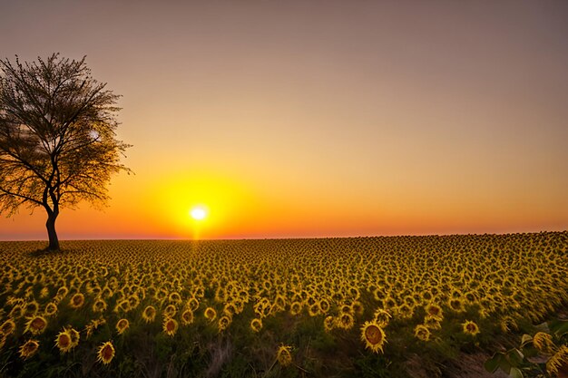 Bellissimo paesaggio di rami di alberi secchi e campi di fiori solari contro l'uso del cielo scuro serale colorato