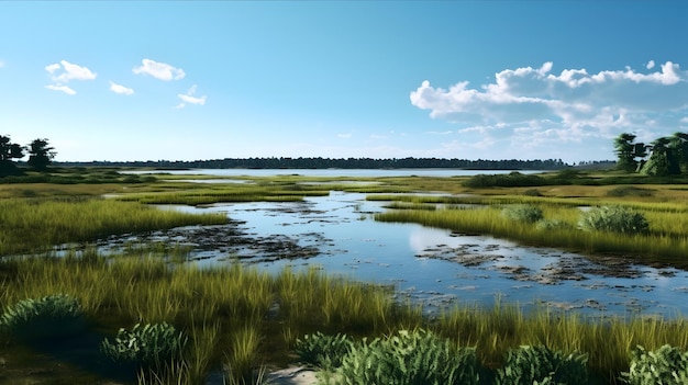 Bellissimo paesaggio di un lago con erba verde e cielo blu in Tidal Pool