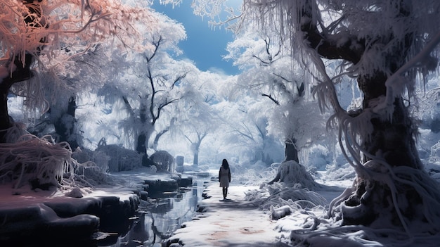 Bellissimo paesaggio di un sentiero in una foresta con alberi coperti di gelo