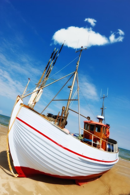 Bellissimo paesaggio di una barca da pesca bianca parcheggiata sulla spiaggia in una giornata di sole Barca da pesca su una spiaggia sabbiosa Una barca da pesca locale ormeggiata sulla riva su una bella barca di legno luminosa sulla spiaggia