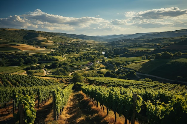 Bellissimo paesaggio di vigneti nella regione europea in estate comeliness bellissimi vigneti con cielo blu e vecchia casa generativa AI