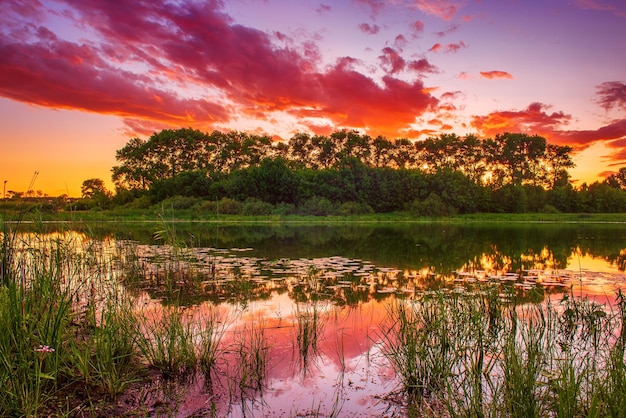 Bellissimo paesaggio estivo con il fiume su un tramonto