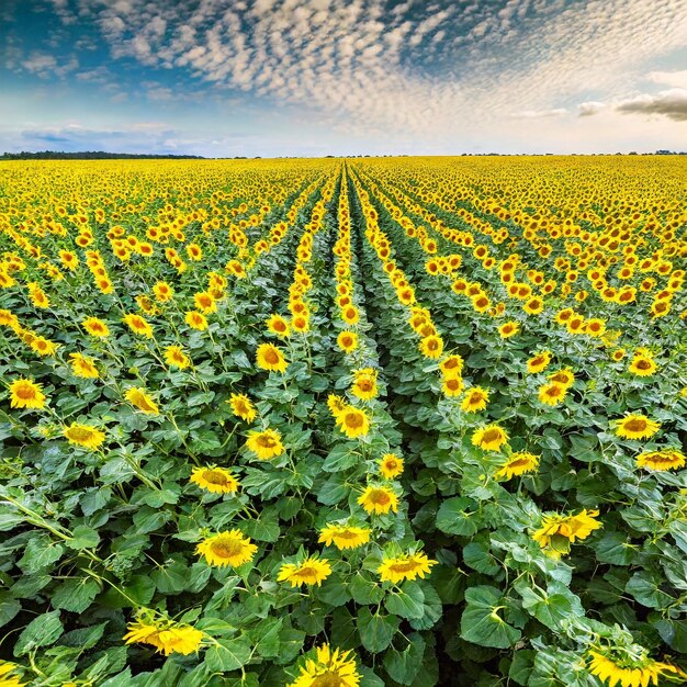 Bellissimo paesaggio estivo con un campo di girasoli e un cielo blu