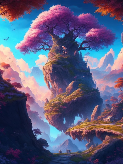 Bellissimo paesaggio fantasy con alberi colorati