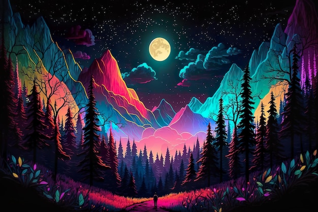 Bellissimo paesaggio forestale con uno stile synthwave al tramonto