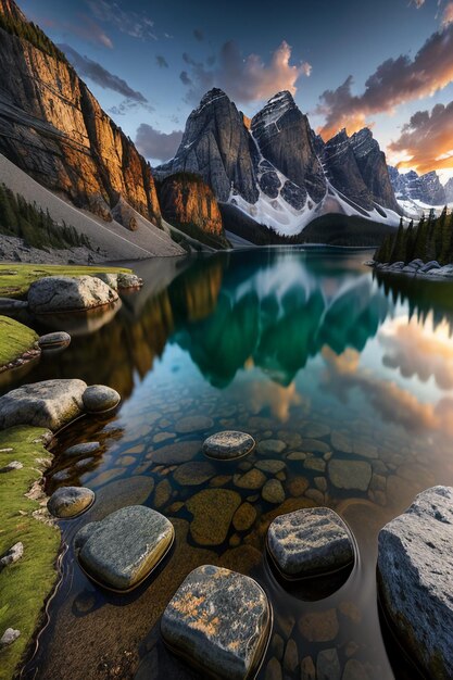 Bellissimo paesaggio fotografia sfondo sfondo picchi lago canyon cielo nuvole bianche