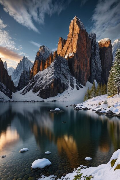 Bellissimo paesaggio fotografia sfondo sfondo picchi lago canyon cielo nuvole bianche